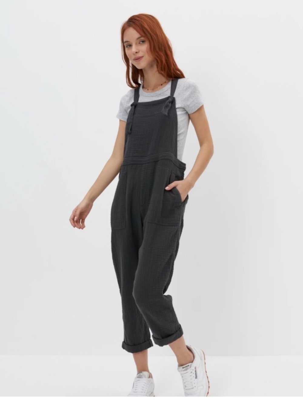 Aerie Lightweight Rolled Leg Overalls Medium Smoked Gray Comfort Pocket Boho